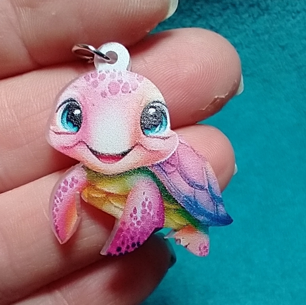 Cute multicolor colorful smiling turtle wire dangle earrings blue pink green